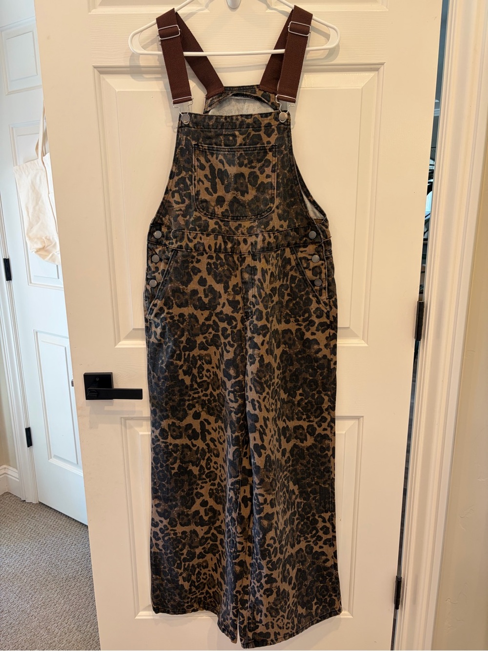 Cider Leopard Print Wide-Leg Overalls with Brown Straps